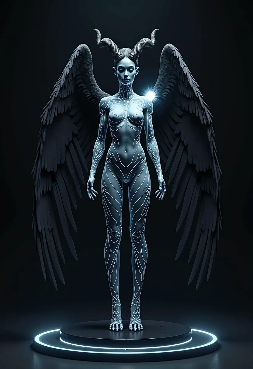 a girl with eagle legs, black wings on her back and horns on her head, surrounded by bright blue lines all over her body and a small orb on her right shoulder,(black background platform)