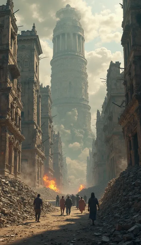  Ruins of an ancient city , crumbling buildings, fire and smoke rising. Confused and desperate people roam the streets, symbolizing destruction and divine judgment.