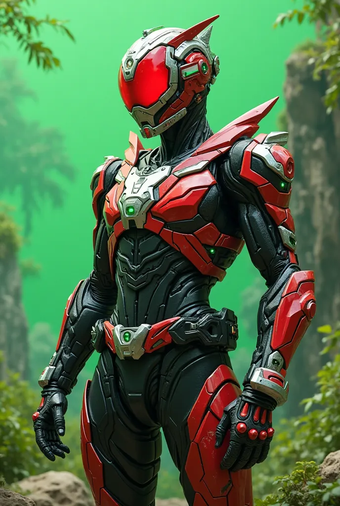 Make kamen rider future with combination red, black, white and green. Small flag palestine at  forehead, green background