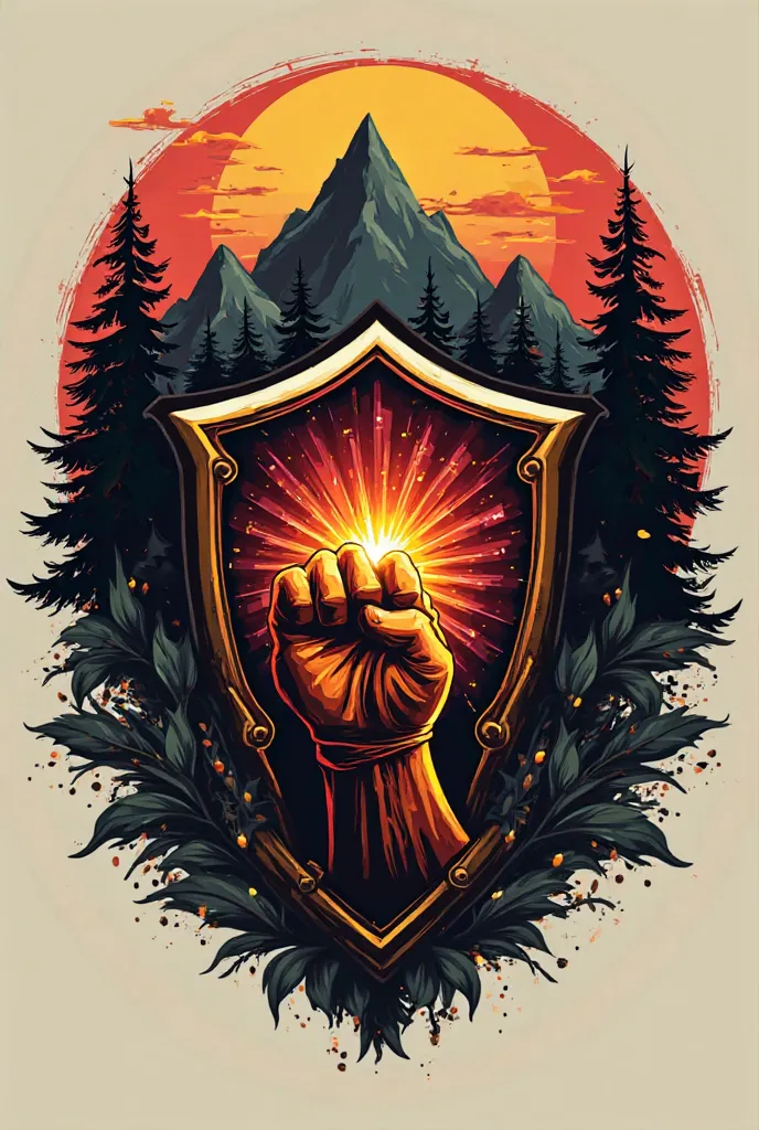 A sturdy and solid shield in the center, symbolizing strength and invulnerability.
	• Behind the shield, there may be mountains and trees, representing nature and Adventure of the camp.
	• A fist wrapped in flames or energy, hitting the shield without brea...