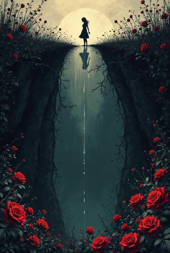 Create a

Image: A dark and mysterious illustration showing a deep and dark abyss, with a female figure standing on the edge, looking down.  around it, there are red roses growing among the black thorns,  symbolizing love and passion .

At the bottom of th...