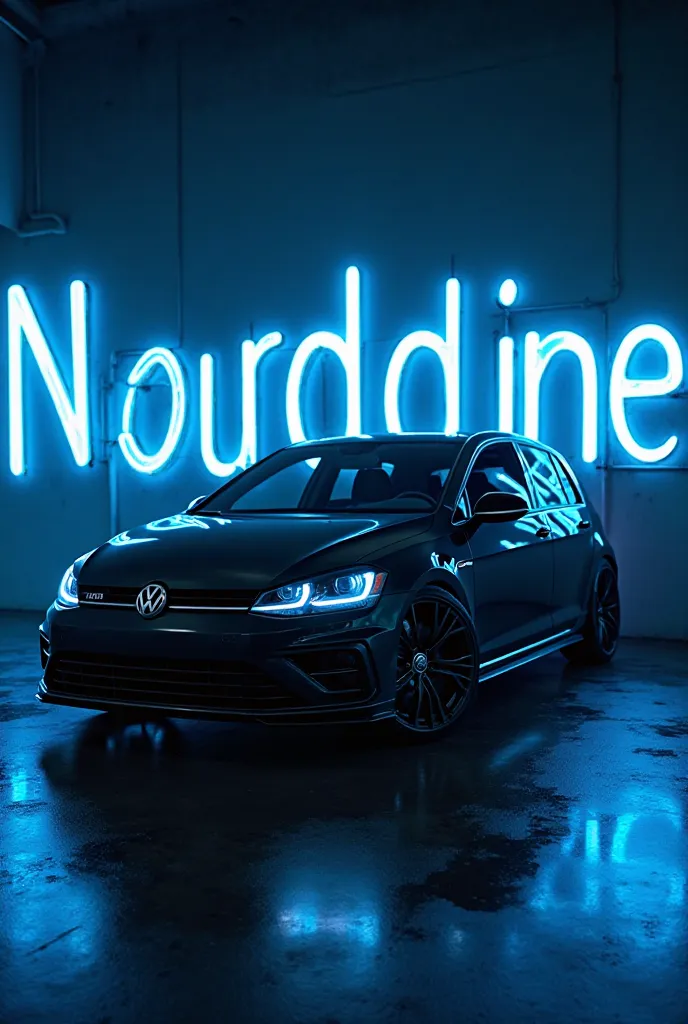 Paint a black golf GTD car with a terrible blue light and write the name Nourddine in the background and make it very clear 