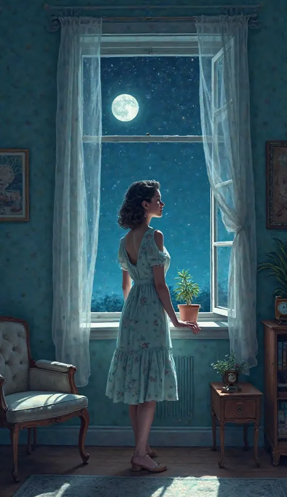 "A minimalist illustration of a vintage-inspired woman standing by an open window at night, looking out at the starry sky. The room is dimly lit by the cool glow of moonlight streaming through the window, creating soft, silvery highlights on the walls. She...