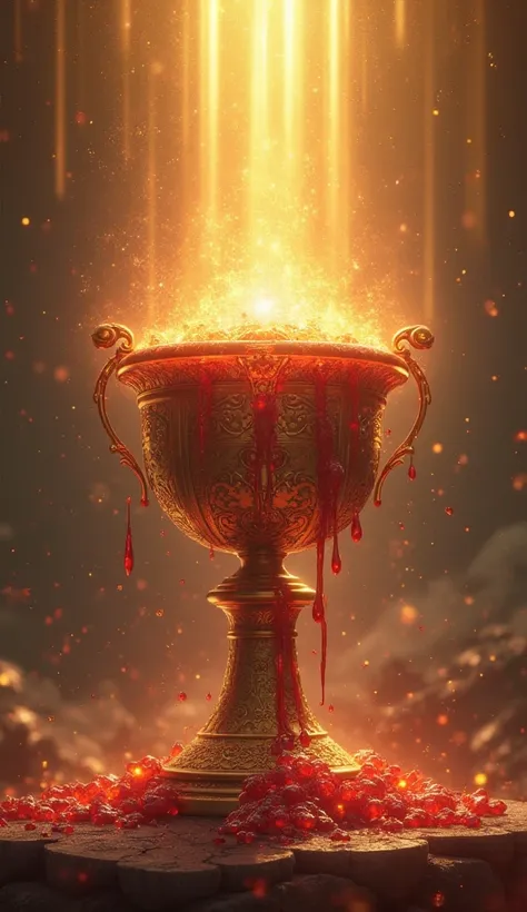 a large golden cup, overflowing with a flaming red liquid. Divine rays illuminate the cup, symbolizing God's fury.