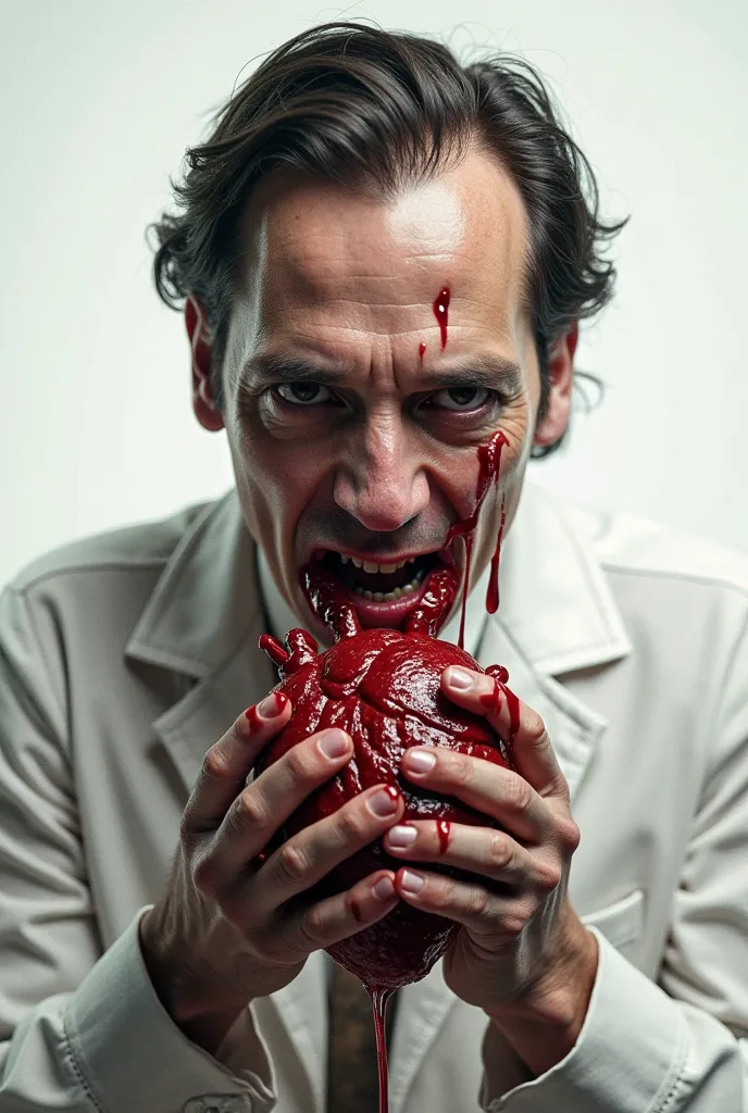 Hannibal Lecturer from the series, eats a dirty heart and drops of blood drip onto a white shirt