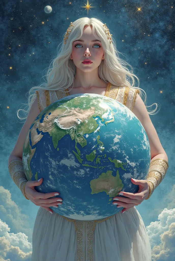 Make an anime drawing of a giantess woman holding the earth between her massive breasts