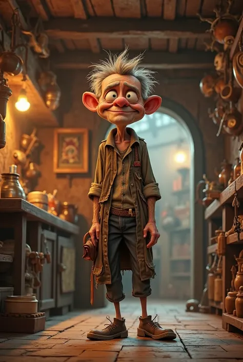 Une taverne  ,un vieux  vagabond ivre  , vêtements en lambeaux , déchiré,sale , drôle humour pixar corps entier decor une écurie 