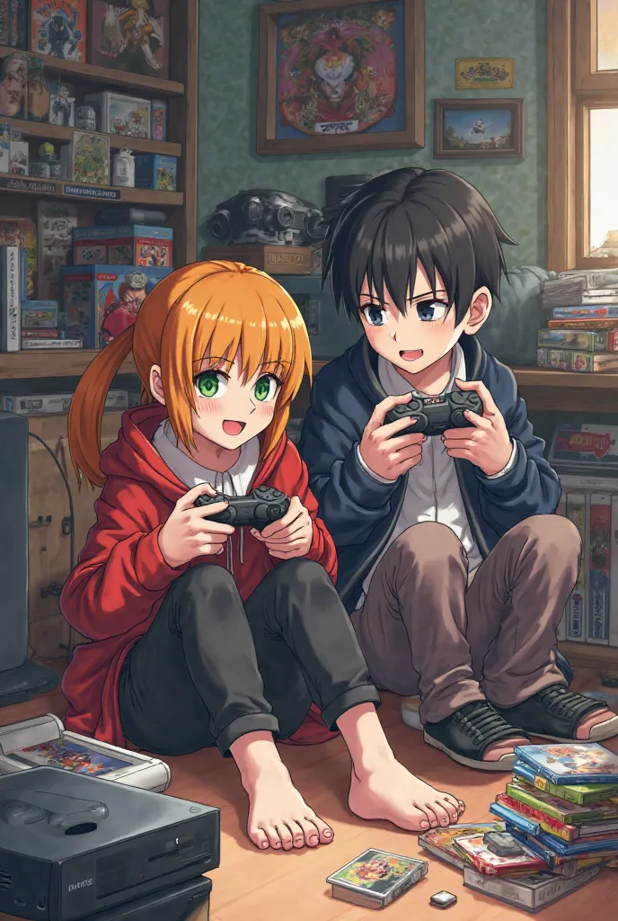 Chie Satonaka from Persona 4 playing PlayStation 2 with Shisui Uchiha from Naruto in a cluttered room