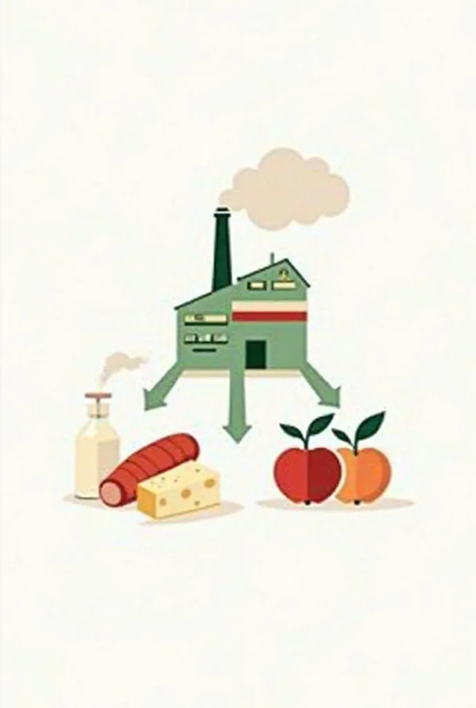 Minimalist industrial label, The central element is a small style a factory with smoke from pipes. Arrows to products diverge from the factory: milk, cheese, sausage, apples.   colors: white background, accents — red and green (as the flag of Belarus), arr...