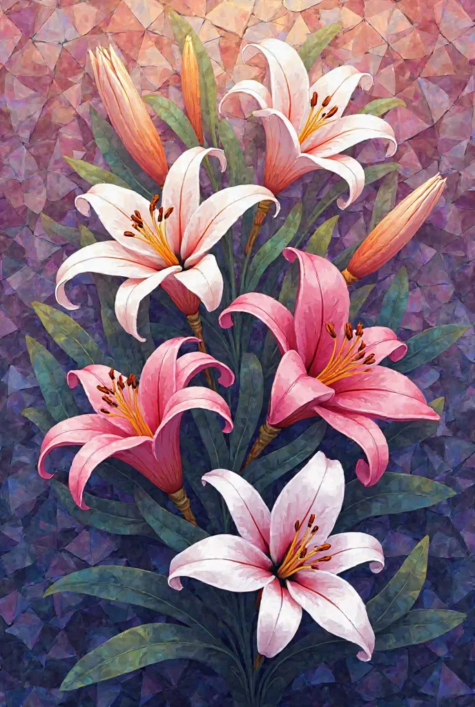 Create a Mosaic design with lily flowers and add different shapes and colors 