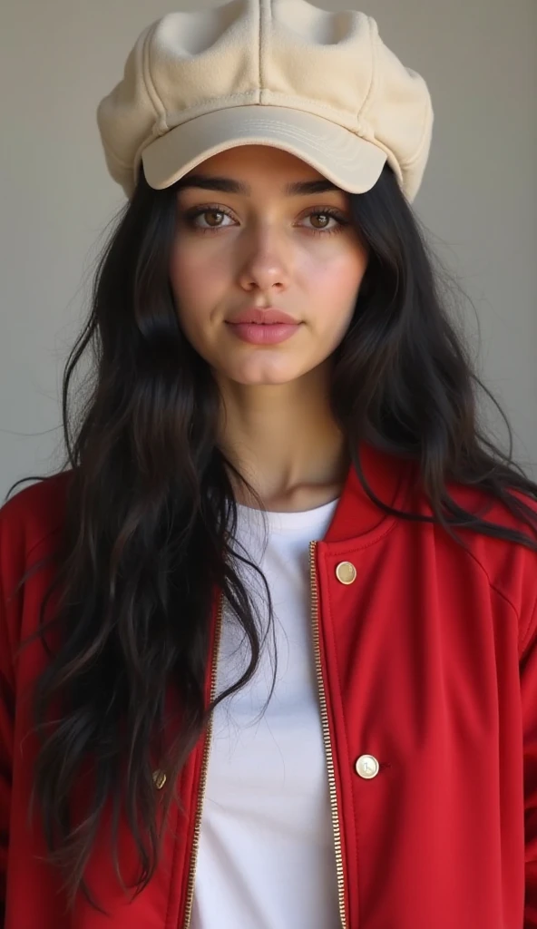 Real photo of an Iranian girl with long black hair, big black eyes, white skin, beige makeup, a red bomber jacket with an open collar, wearing a white T-shirt under the bomber jacket, and a warm white English hat.