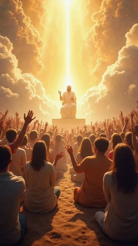 A diverse group of people surrounding the Throne of Almighty GOD, worshiping Him fervently. The throne is majestic , shining with golden heavenly light, surrounded by luminous clouds and angels in the background. People are on their knees, with hands raise...