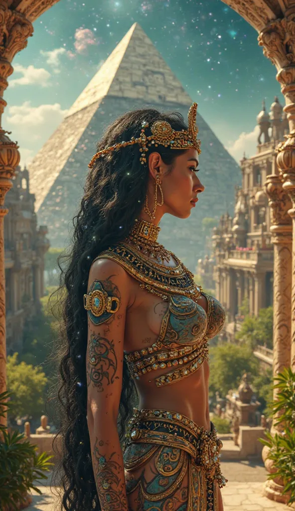 Ancient Egyptian goddess, Enki Bilal-inspired, sexy female figure, full-body view, 3/4 face, amidst a lush, verdant cityscape, with non-symmetrical, intricate architecture, photorealistic, hyper-realistic, adorned with numerous diamonds and jewels on her a...