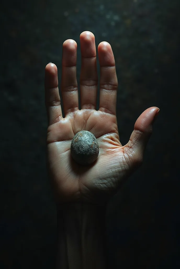 hand in the goat sign, holding a stone 