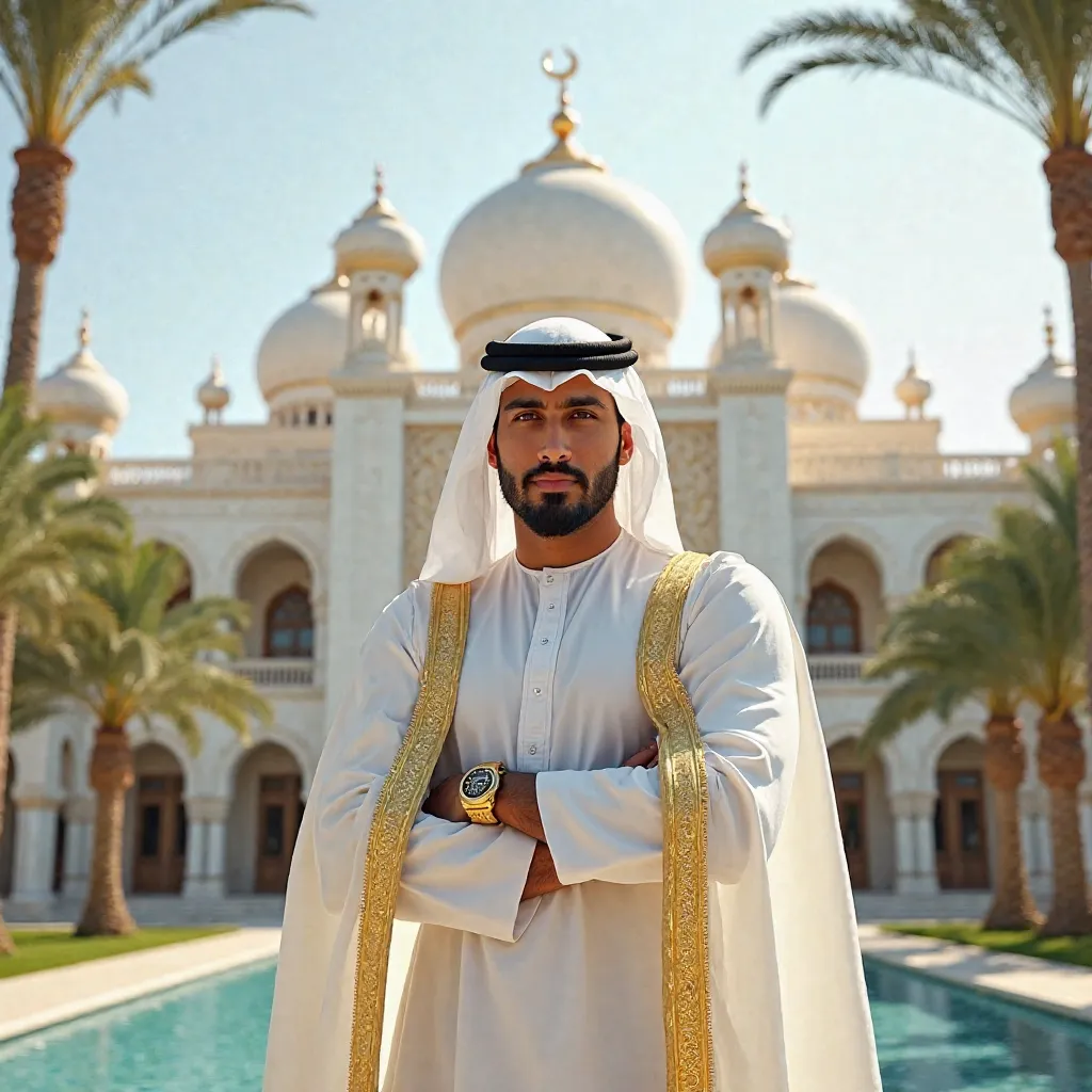 Arab millionaire 30 years old, his palace in the background