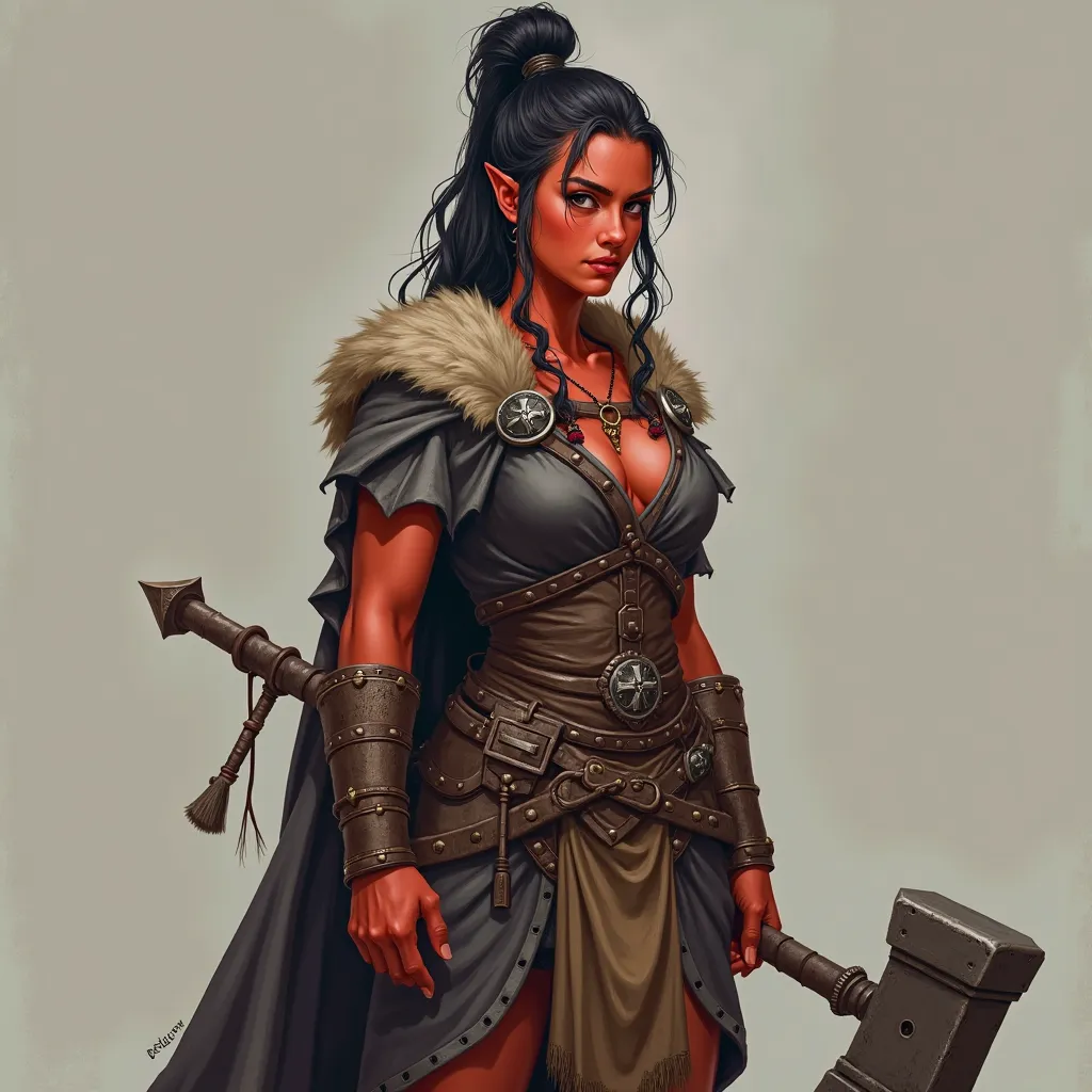 Create a female character showing her full body, From a half-halfling role-playing game featuring the Barbarian class, she is a very strong character who measures 1 meter, Your skin is clean , Half red and her ears are pointed, dark hair tied up, dark clot...