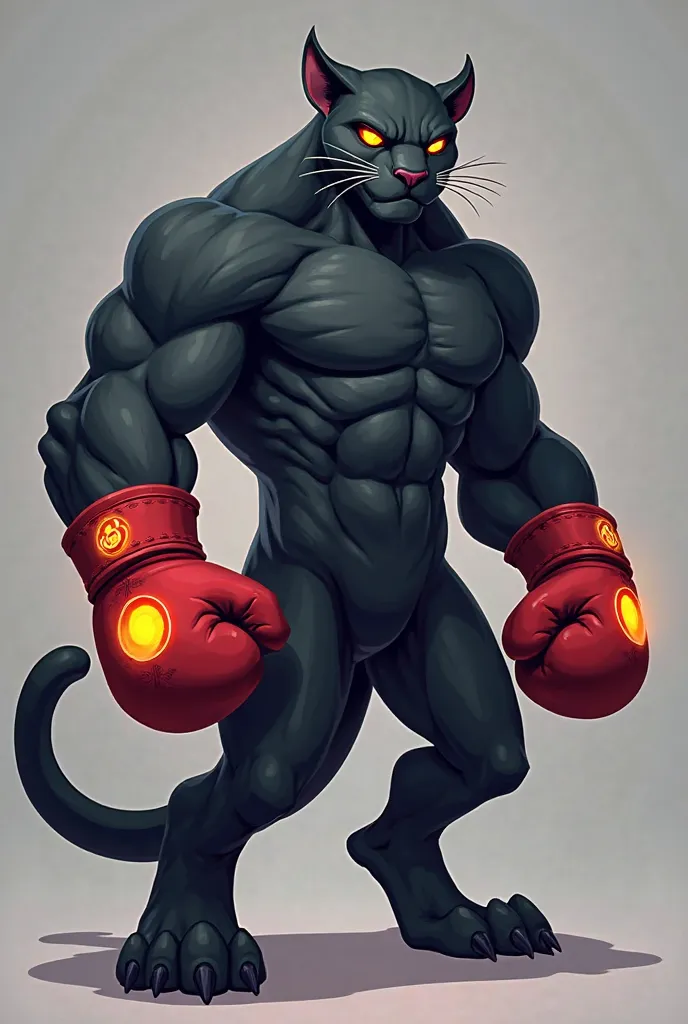 A 2D, stylized, beast-like mythical black panther standing tall in a boxing stance for an RTS game. The panther is significantly larger and more imposing, with exaggerated muscular features that make it appear both powerful and mythical. Its body is sleek,...