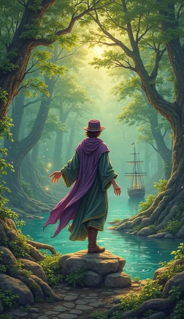 The map is made in fantasy style 

The centerpiece is a magical green forest , ancient magical green trees  , you can see a lake with 2 ships behind the man .
standing in the center of the forest . A man of 25 years old . He's standing on one leg on a rock...