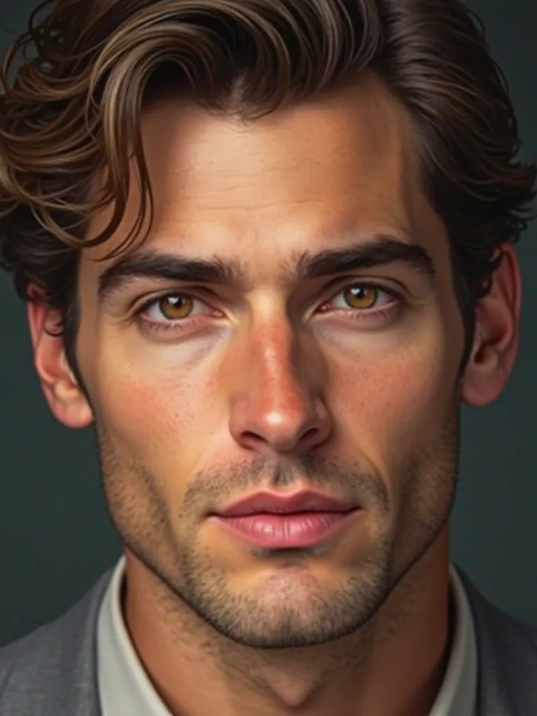 "A highly detailed and realistic portrait of a handsome man with sharp facial features, glowing and smooth skin, and soft lighting enhancing the facial structure. Light hazel eyes with a subtle golden hue, thick and well-defined eyebrows, full natural-colo...