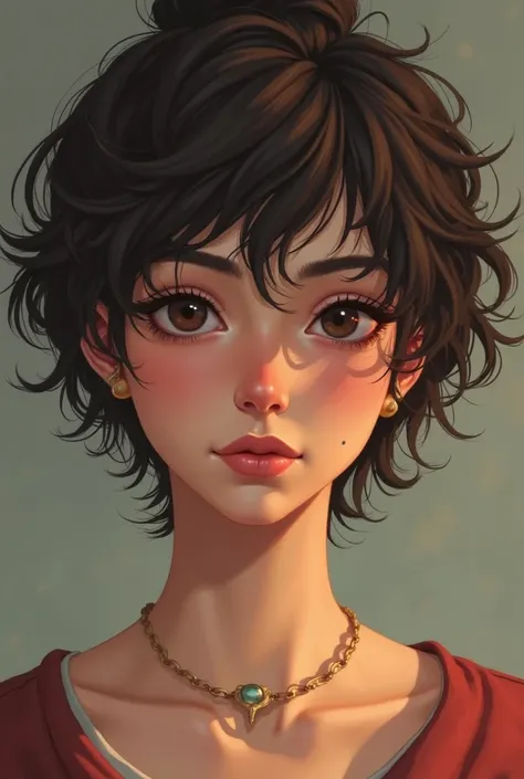 non binary person with an androgynous look and short dark brown curly hair, round almond chocolate brown eyes, straight Greek nose, full pale pink lips, mole near the lips and one on the neck and use a hyper realistic game art style 