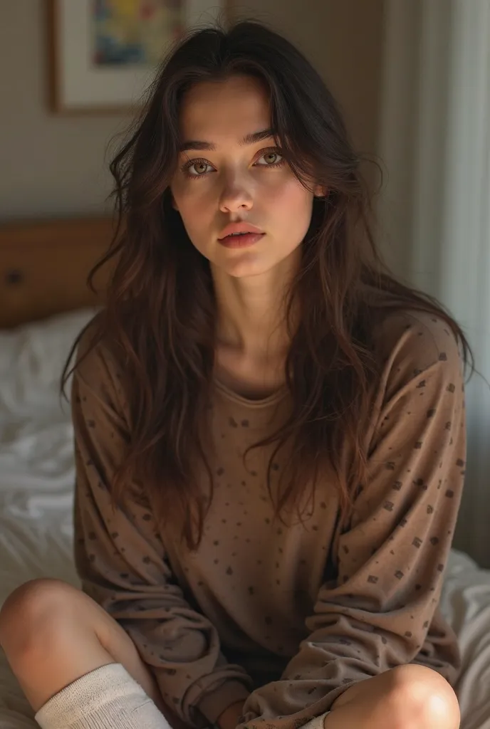 a photo of a girl with dark brown and wavy hair wearing a brown pjamas top, brown and black pjamas pants with a square design and white socks