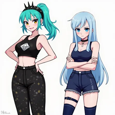 Character 1: Turquoise Hair Girl

Hair: Spiky turquoise, tied back with a black spiked headband.

Eyes: Dark blue irises with yellow sclera, giving her a sharp, intense gaze.

Outfit: Black sleeveless crop top with a silver diamond emblem in the center, pa...