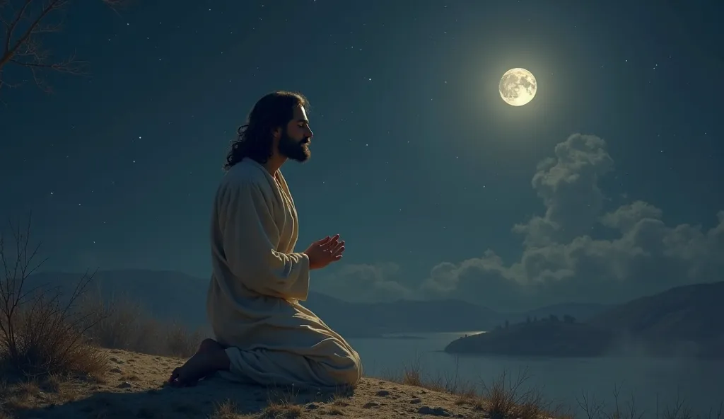 Jesus praying on his knees at night and a clear moon