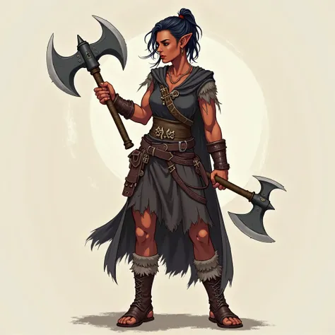 Create a female character showing her full body, From a half-halfling role-playing game featuring the Barbarian class, she is a very strong character who measures 1 meter, Your skin is clean , Half red and her ears are pointed, dark hair tied up, dark clot...