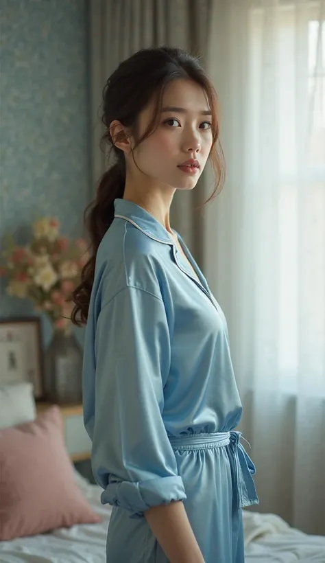 (real picture) a 20 years old age girl standing wearing long sleeve satin blue pajamas (look) full body