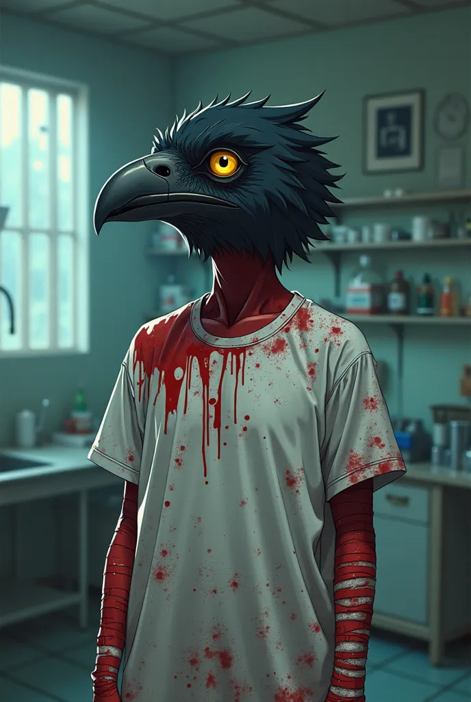 A boy with a bird head in My hero academia style art that is crying slightly his arms and legs have bandeges and hes in a lab being experimented on he wearing a over suzed top covered in his own blood he looks traumatized and his bird head is like a crow h...