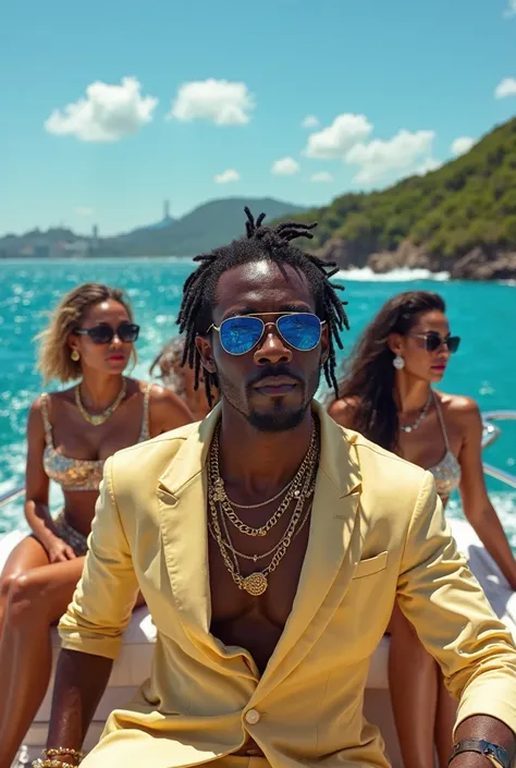 A photo of me on a yat in Brazil with supermodel girls around me with champagne and bling chains noted that I am black with dread sunglasses with blue water 
