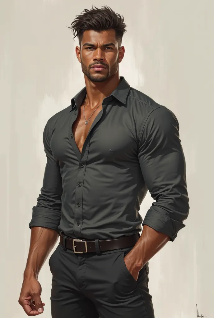 Create a tall,  muscular, handsome, Half brown and young man with a long sleeve fitted shirt