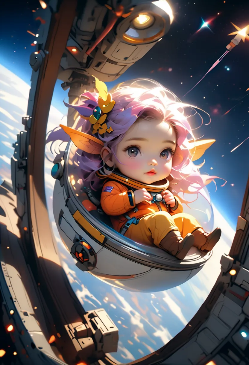  masterpiece, (highest quality, create a high resolution,4K, 8k),(realistic, Photorealistic: 1.5),(((( waiting for someone in space))))、deformed character, chibi style,anime style,  fantasy、A beautiful space fairy you've never seen is sitting on a space tr...