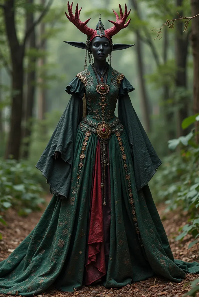 A fashion figurine, be present with a design inspired by a Japanese haunted forest, yureis, tengu with an abandoned torii that is part of the dress, Let it be extravagant , that evokes mystery, sensuality, high costura. Use blacks, dry-blooded red,  dark g...