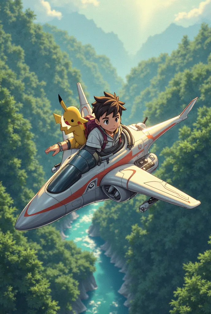 Pokemon pilot flying through a very beautiful forest in anime style