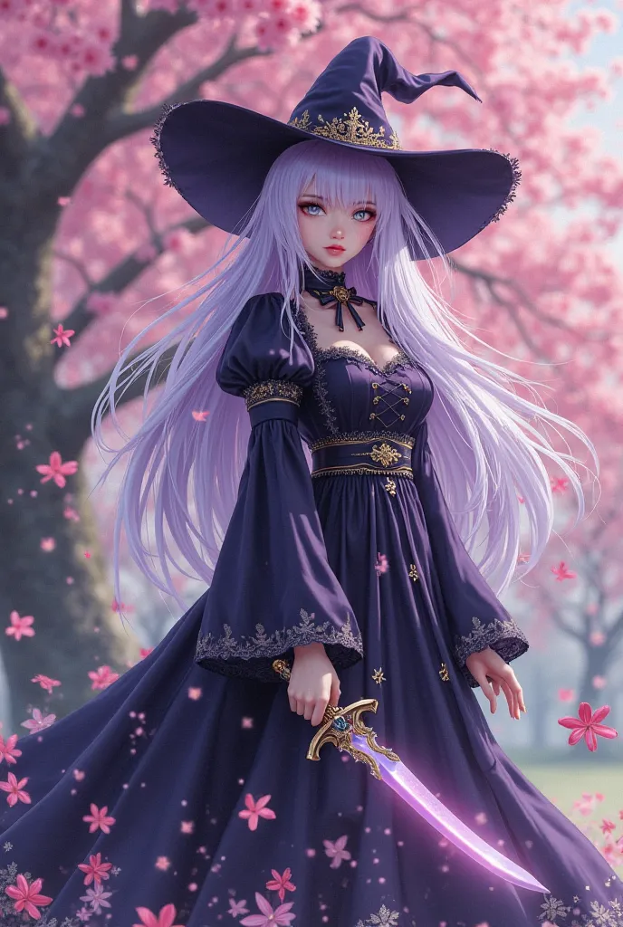 CREATE:

A girl in witch's clothing with cherry blossoms around her dress,with her eyes all white and with long white hair at the ends of her purple lilac hair,and with a double magic dagger.

scenario: in the background is a huge cherry tree 