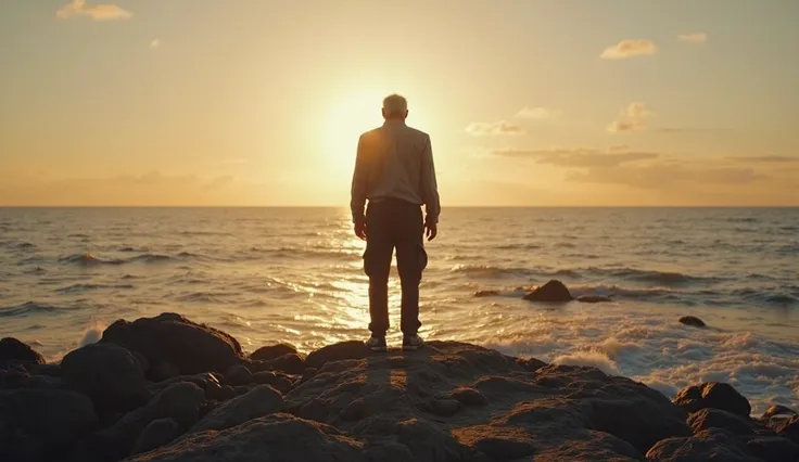 A old man stands on the edge of a rocky shoreline, his back facing the viewer. He is positioned in the center of the frame medium shot, with long shadows stretching due to the low sun. The ocean behind him is eerily calm, reflecting the golden hues of the ...