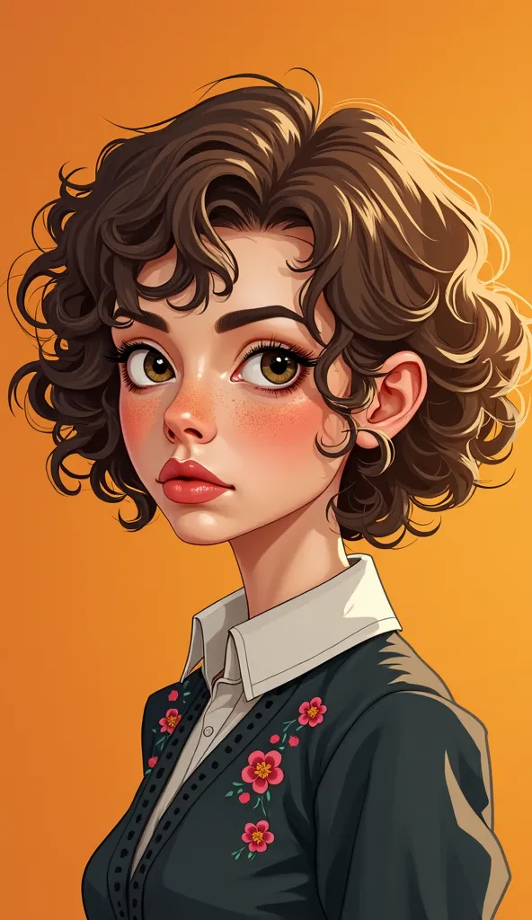  cartoon,a young woman with short curly hair, with golden reflections.  Her hair is voluminous and appears naturally wavy,  with some loose threads around their faces . She has fair skin with many visible freckles,  mainly on the cheeks .  Her eyes are dar...