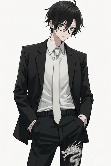 Make an anime character in a black suit with a white tie under his suit a white t-shirt,with black pants that have a dragon drawn on his right leg,he has the color of albino skin,He has thin glasses,a messy straight hair of the color black
