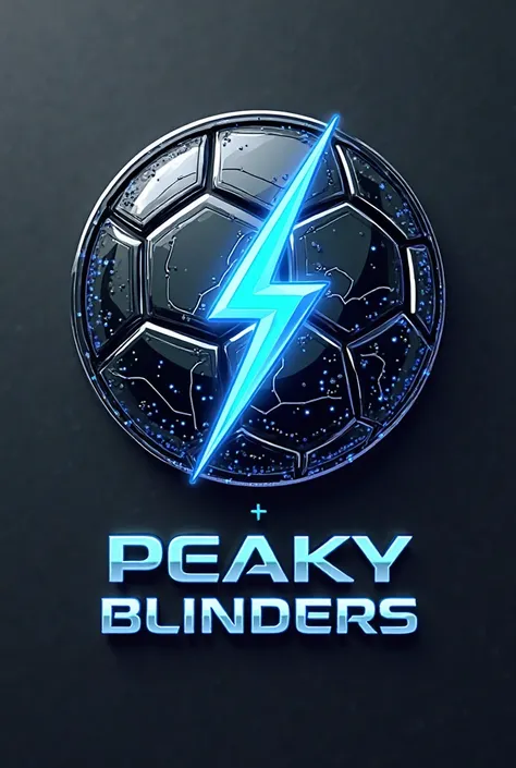 A sleek, futuristic Soccer club logo with the text "Peaky Blinders". There's a dynamic lightning bolt with a digital circuitry pattern. The bolt is electric blue, the circuitry is deep black, and the background is a metallic silver. The lightning bolt and ...