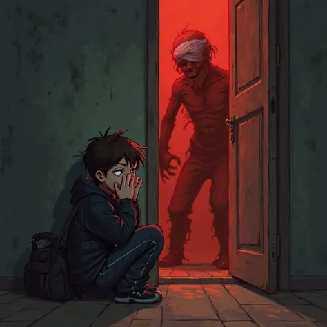  next to the horizontal lines and :
Scene: 
A boy sitting behind a piece of furniture, looking forward, covering his mouth with his hands, Terrified while behind a room you can see a completely red and creepy humanoid figure come out.
chico:
 an animated a...