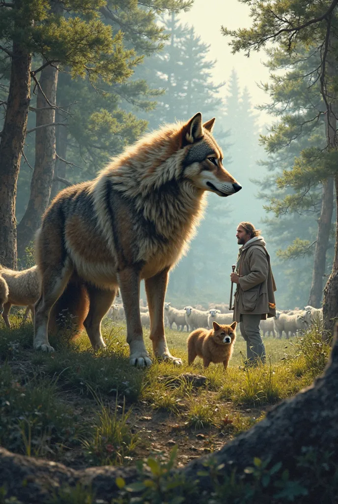 A wolf teaches his cub to hunt in a forest where there are sheep, a shepherd and a dog guarding the flock. 