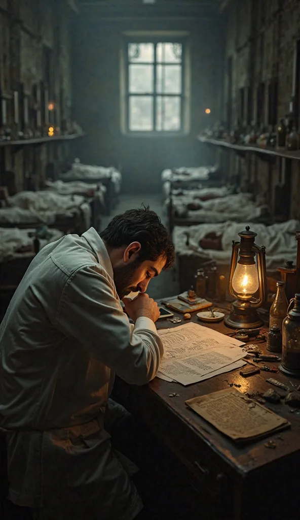 "Point of view shot of a fatigued doctor sitting at a cluttered wooden desk in a dimly lit 1918 hospital during the Spanish flu pandemic. His head is in his hands, exhaustion visible in his posture. Old medical papers, ink bottles, and a flickering oil lam...