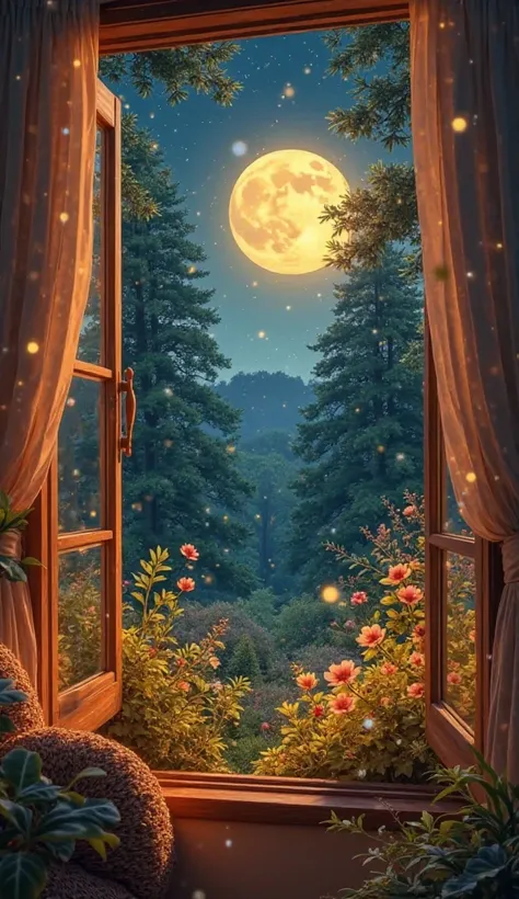 A warm summer night viewed through an open window. A bright, golden moon shines over a lush garden filled with tall trees and blooming flowers. Hundreds of fireflies glow softly, creating a magical ambiance. The room is softly lit, with curtains gently swa...