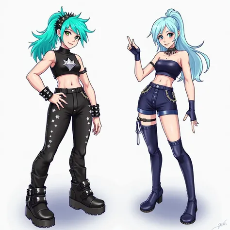 Character 1: Turquoise Hair Girl

Hair: Spiky turquoise, tied back with a black spiked headband.

Eyes: Dark blue pupil eyes with yellow sclera, giving her a sharp, intense gaze.

Outfit: Black sleeveless crop top with a silver diamond emblem in the center...