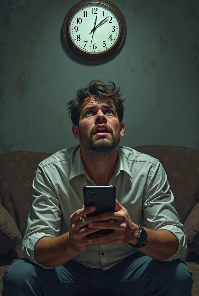 "A man sitting in shock, holding his phone, with wide-open eyes looking at a clock on the wall. The time is much later than he expected. His expression shows regret and frustration."