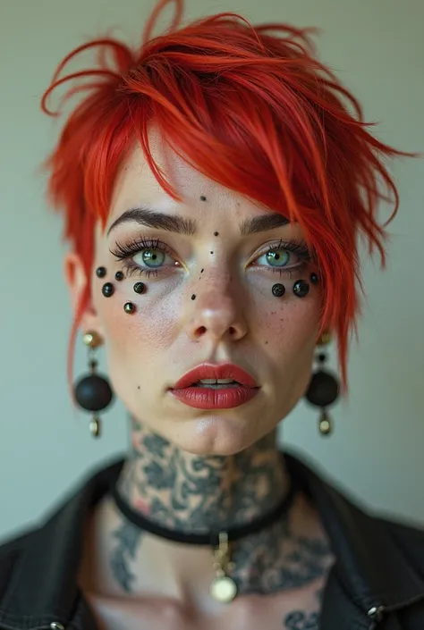 Short red hair, round anarchist piercings