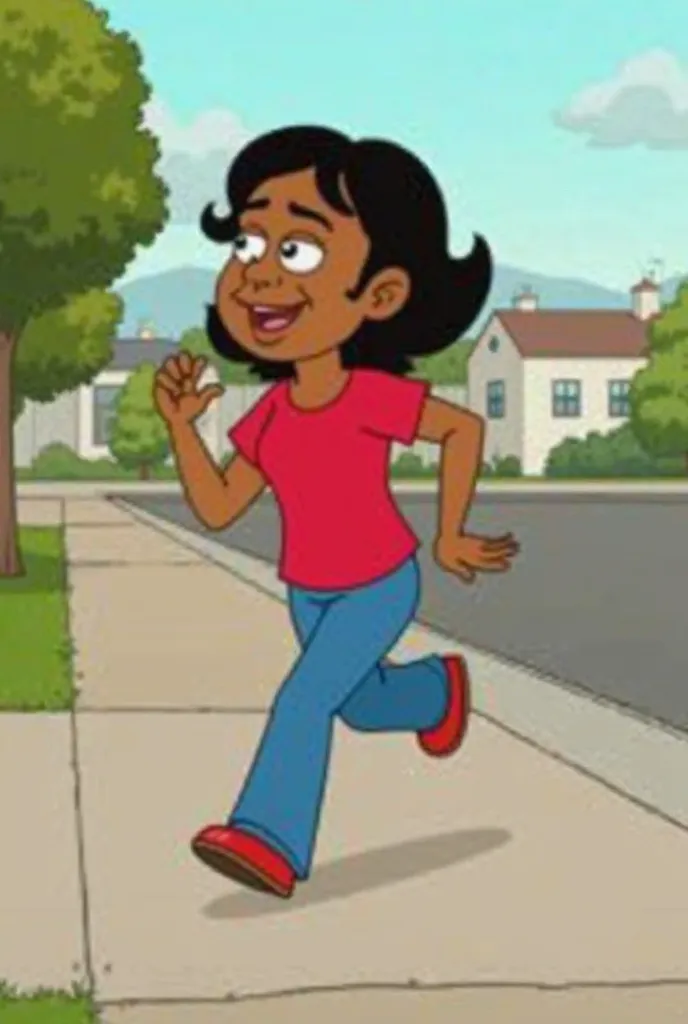 SCENE 2: Maya wearing a red t-shirt and blue pants and red shoes runs home:
- Maya is running home to get food 
- The background could be a street scene, perhaps with some houses and a park in the distance.