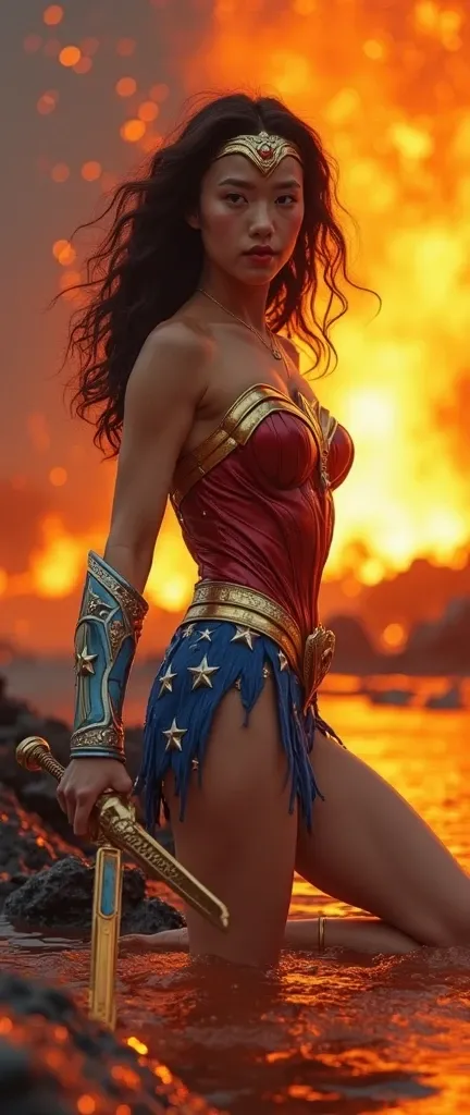 live-action、A cute Japanese wonder woman in her 20s、  Hair, big breasts、big butt、 Wonder Woman's perfect costume、I have a sword and shield、Volcanic areas、I'm in magma、A pool of magma surrounds Wonder Woman、A volcano is erupting

It depicts the whole body、L...