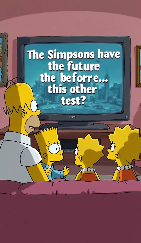 "In a scene from The Simpsons, the characters are watching television in the living room while a news program broadcasts a report about a conflict on the border, with themes of war and political chaos. homer, Marge, Bart , Lisa and Maggie are all seated, w...